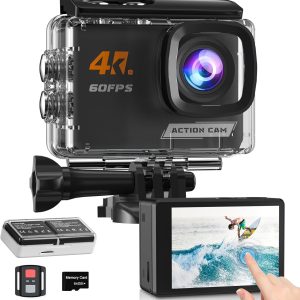 4K60FPS Action Camera Touchscreen, 40M Waterproof Underwater Camera with 64G SD Card, 6-Axis Stabilization Motorcycle Camera 8X Zoom with 2.4G Remote Control 2 * 1350 mAh Batteries