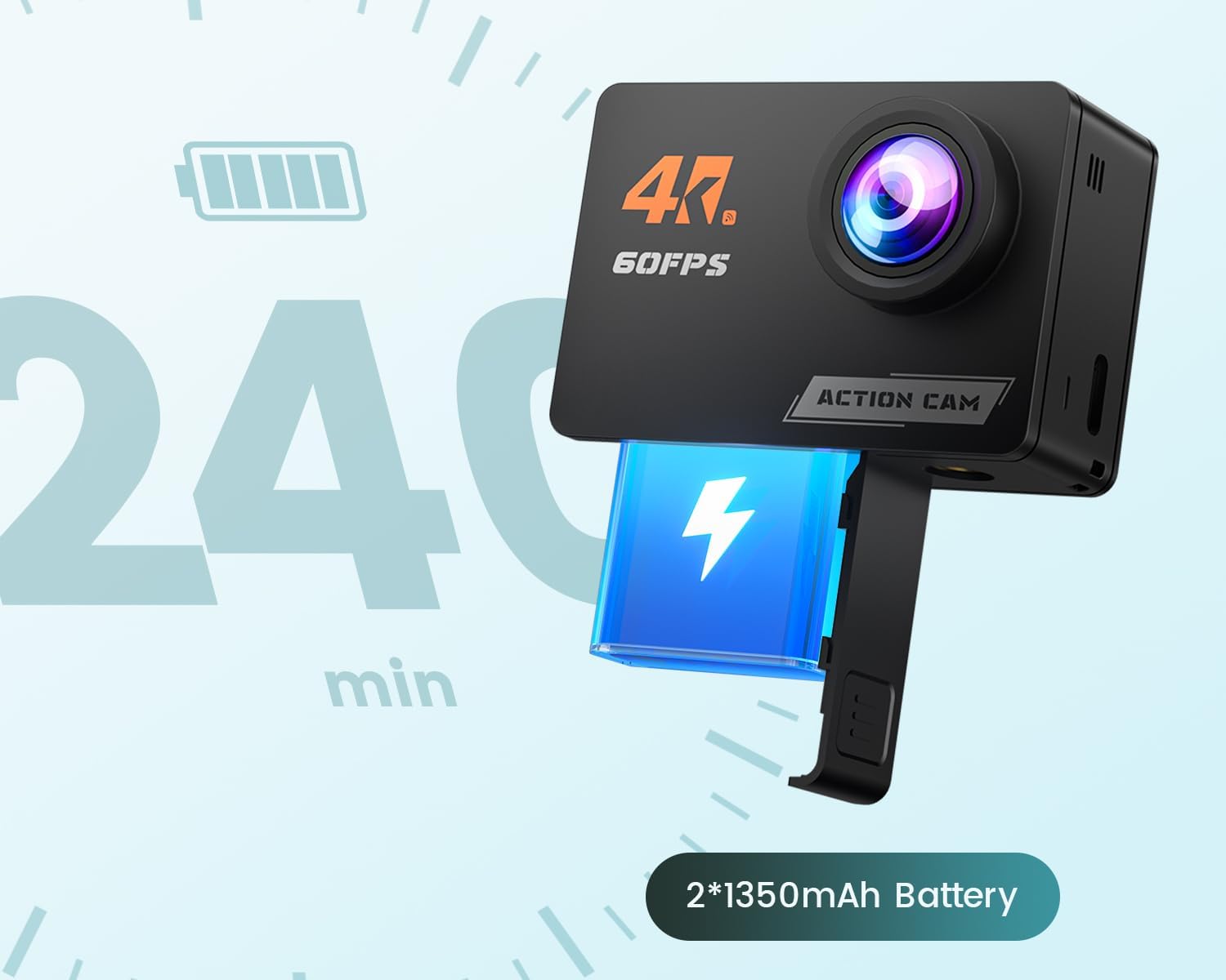 4K60FPS Action Camera Touchscreen, 40M Waterproof Underwater Camera with 64G SD Card, 6-Axis Stabilization Motorcycle Camera 8X Zoom with 2.4G Remote Control 2 * 1350 mAh Batteries - Image 3