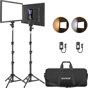 Neewer 13″ Led Video Light Panel Lighting Kit, 2-Pack Dimmable Bi-Color Soft Lights with Light Stand, Built-in 8000mAh Battery, 3200K~5600K CRI 97+ 2400Lux for Game/Live Stream/YouTube/Photography