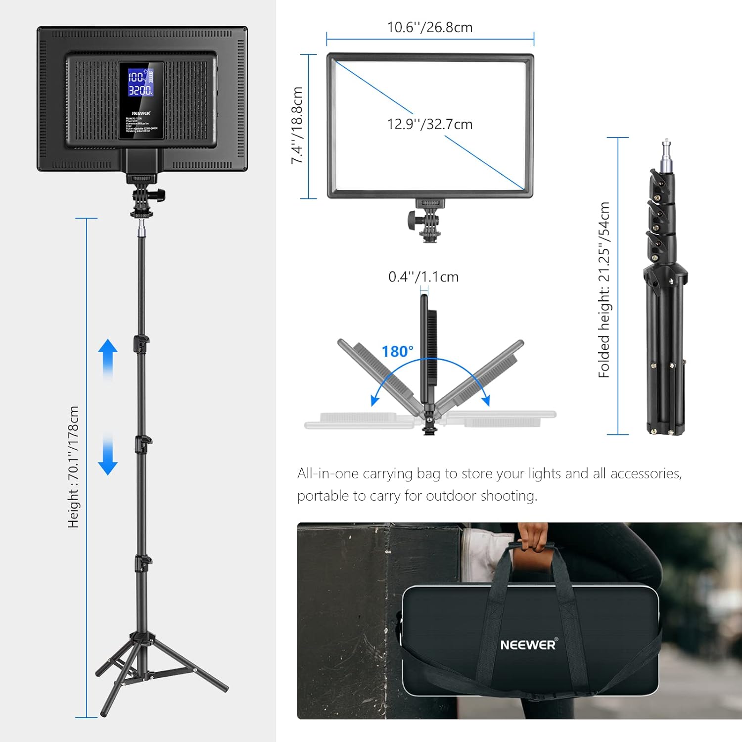 Neewer 13" Led Video Light Panel Lighting Kit, 2-Pack Dimmable Bi-Color Soft Lights with Light Stand, Built-in 8000mAh Battery, 3200K~5600K CRI 97+ 2400Lux for Game/Live Stream/YouTube/Photography - Image 5